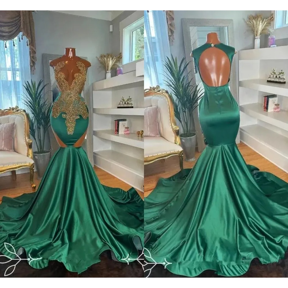 Dark Green Mermaid Evening Dress Luxurious Gold Crystals African Women Vestidos De Fiesta Sexy Backless Slim and Flare Special Occasion Prom Gowns