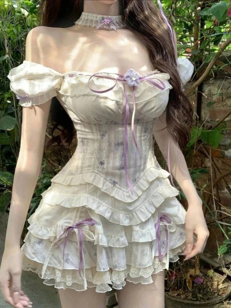 Bestseller Sweet Kawaii 2-Piece Dress Set Women Sexy Off-Shoulder Corset Tops + Mini Cake Skirt Japanese Casual Harajuku Chic Outfit New ddmytues