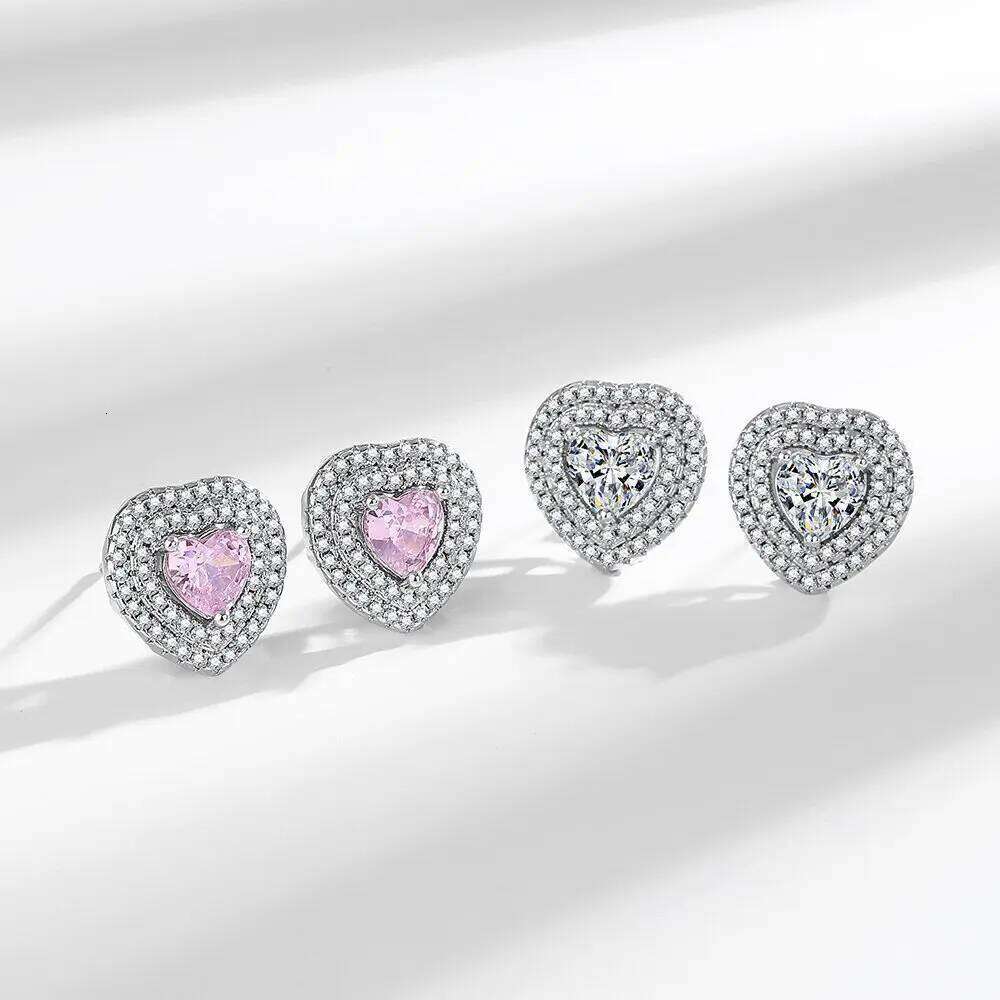 925 Sterling Silver Full Diamond Heart Shaped Zircons Earrings Ladies Fashion Simple Birthday Anniversary Jewelry Gift