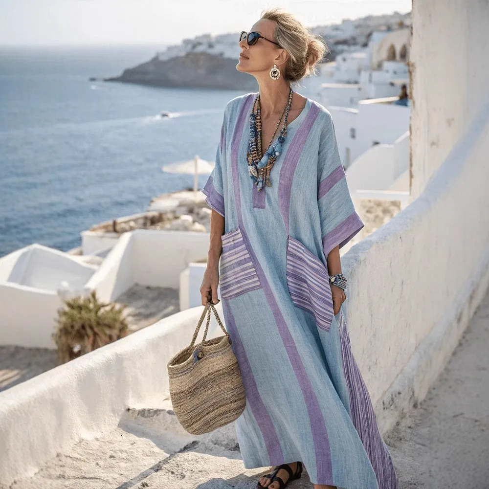 Summer Linen Printed Striped Loose Pocket Dress Womens Fashion Casual Elegant Women Beach Vacation Short Sleeved Sway Dress 260104