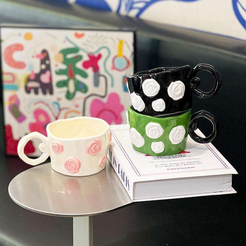 Couple's Mugs Gifts Souvenirs Rose Patterned Ceramic Cups For Women Exquisite Girly Style 3D Hand Painted Relief Design