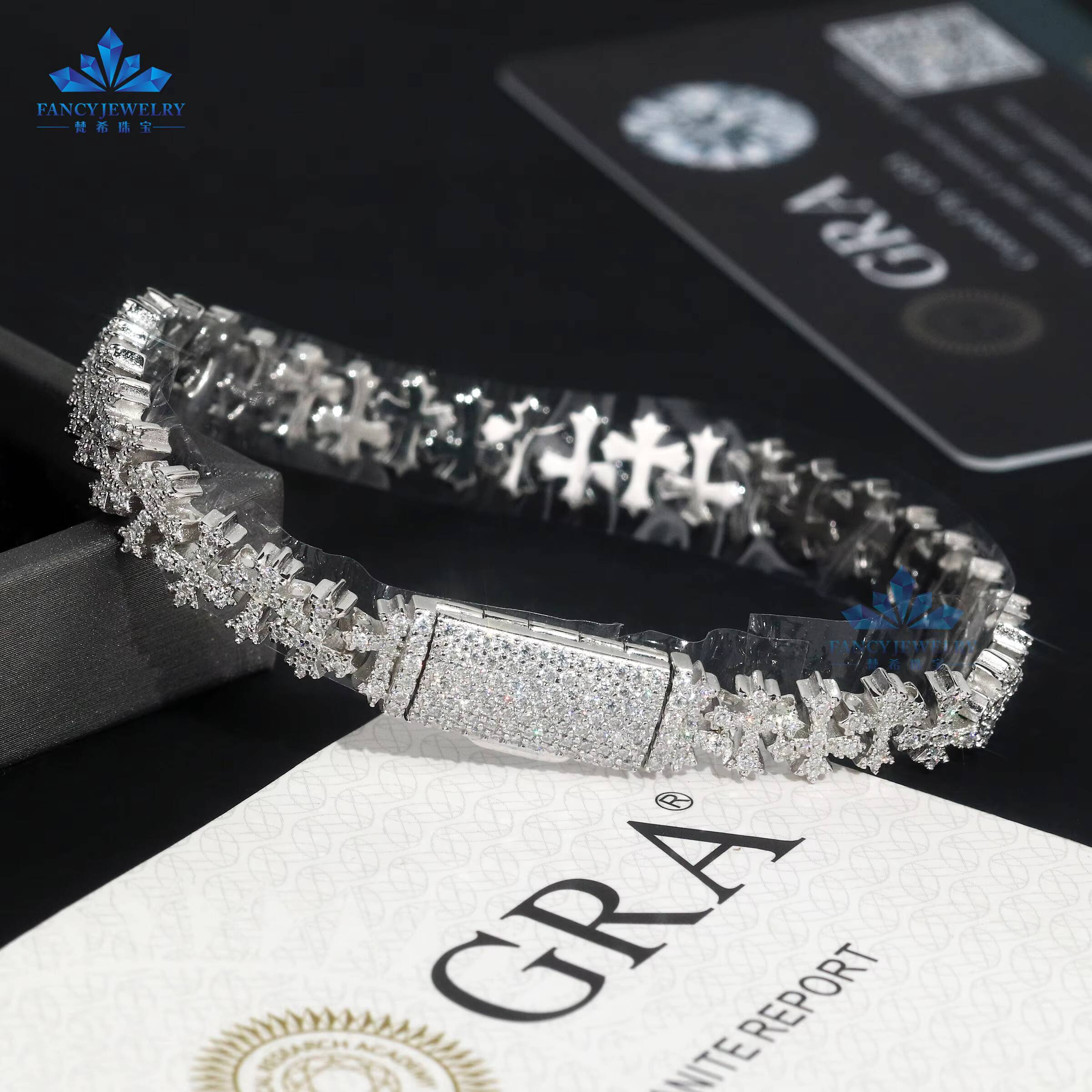Rapper Jewelry Iced Out Cross Design Moissanite Cuban Chain Bracelet Hip Hop Bracelet 925 Silver Cuban Bracelet Cross