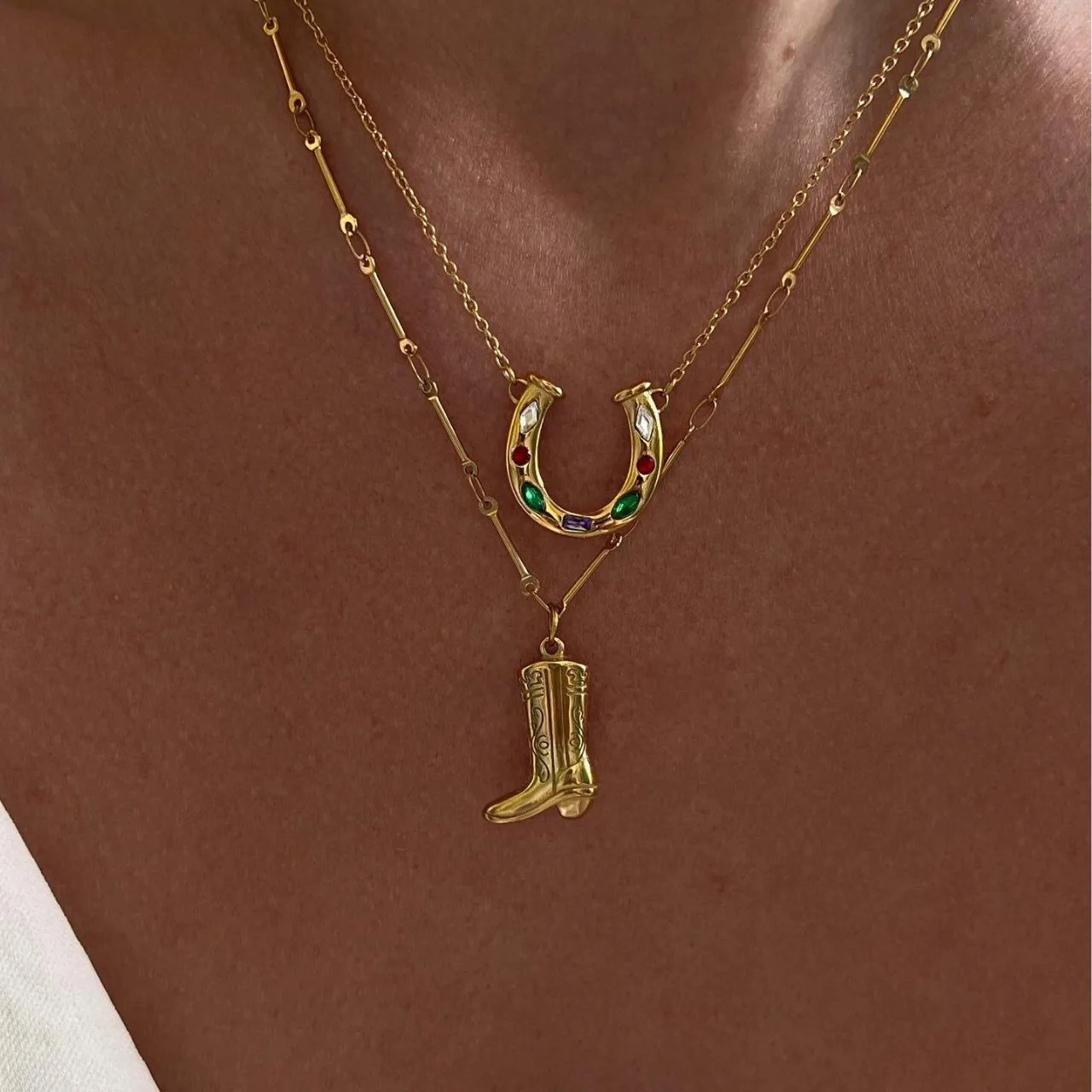 INS Stainless Steel Gold Plated Western Cowboy Boots Horseshoe boot Necklace for Women 251230