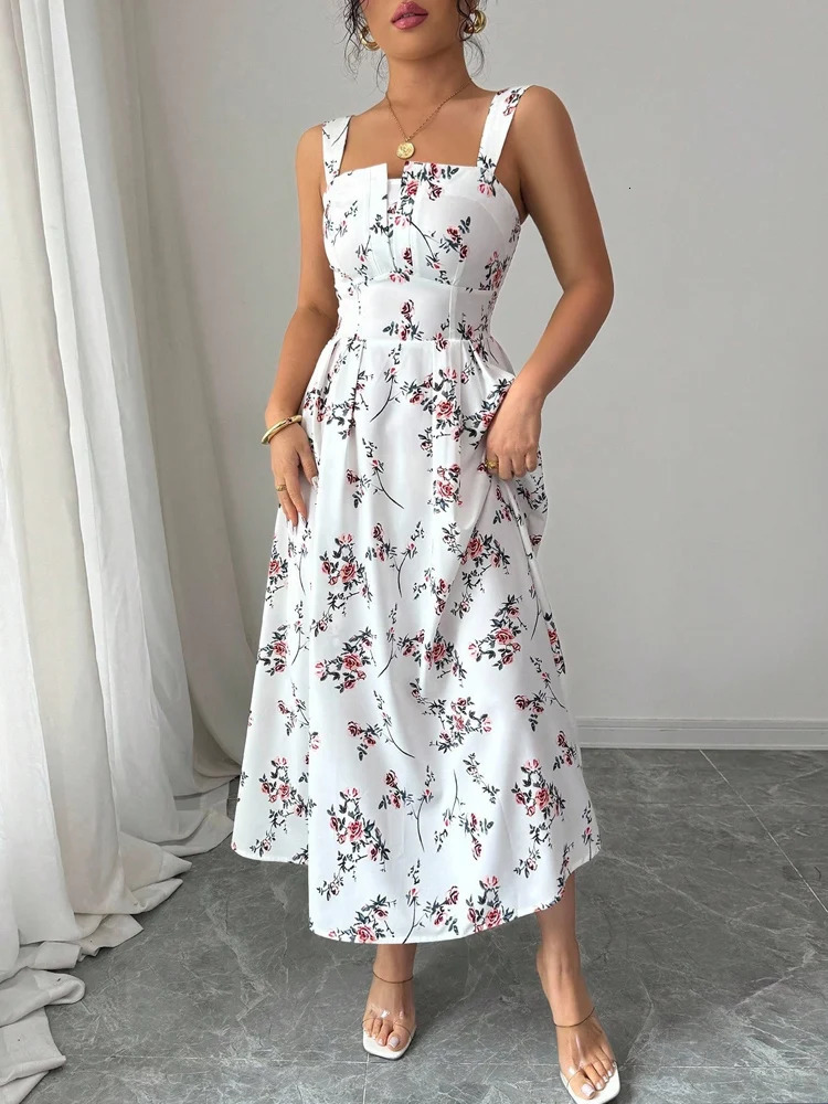 Summer Womens Printed DressSleeveless DressesFloral DressesBackless DressesElegant Dresses For LadiesWhite Dresses 260104