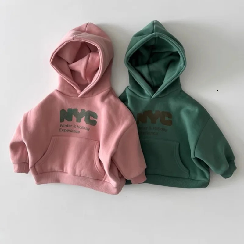 Winter Children Hooded Sweatshirt Plus Velvet Thick Baby Letter Print Pullover Tops Boys Girls Casual Fleece 260104