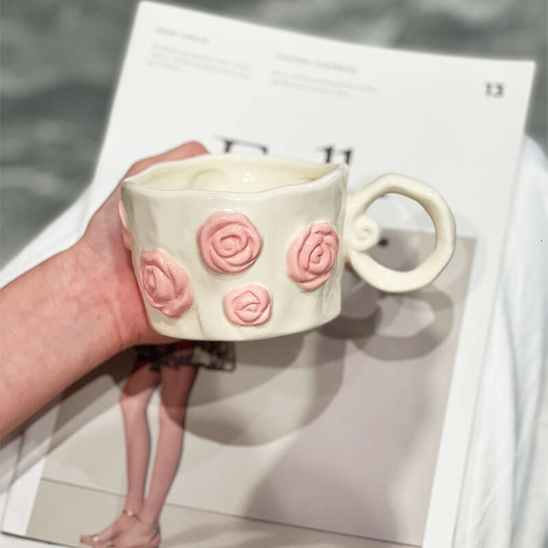 Couple's Mugs Gifts Souvenirs Rose Patterned Ceramic Cups For Women Exquisite Girly Style 3D Hand Painted Relief Design
