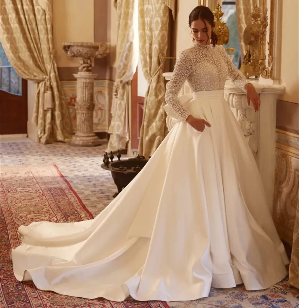 2026 High Quality A-line Wedding Dress Beaded Sequined High Neck Full Sleeves Satin Bridal Bride Gowns Vestidos De Noiva Robe De Mariage