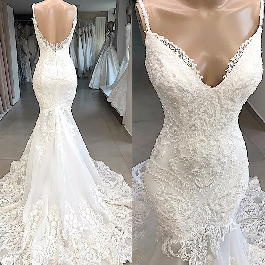spaghetti mermaid wedding dresses with delicate lace appliques open back beach wedding gowns plus size custom made robes de marie LG712