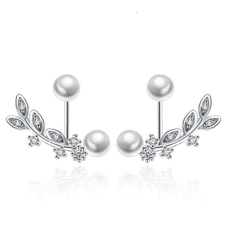 925 Sterling Silver Leaf Shape Zircons Pearl Earrings Ladies Fashion Simple Birthday Wedding Anniversary Jewelry Gift