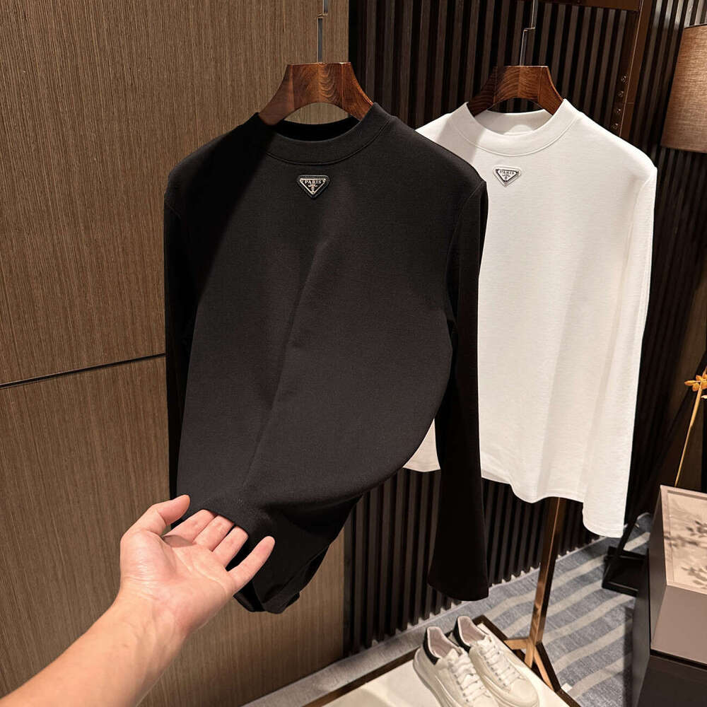 2025 Autumn Winter Simple Casual Triangle Logo Versatile Fashion Trend Round Neck Pullover Business Base Shirt Top For Men