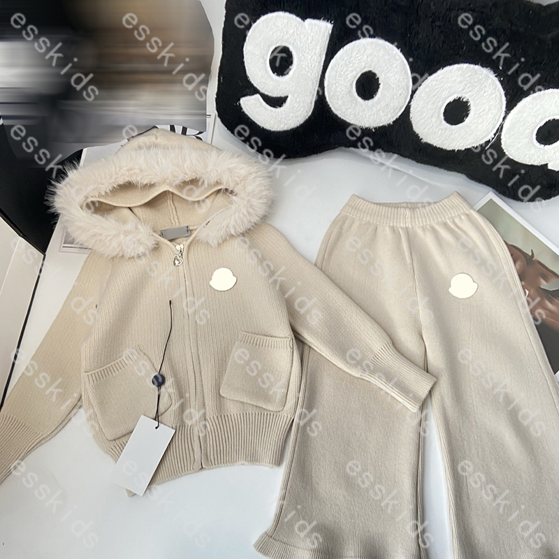 Girl Hooded Sweater Designer Kids Clothing Sets Baby Knitted Cardigan Pants 2pcs Luxury Coat Children Wide-leg Pants Cute Girl Sweaters -8 DPD2601051