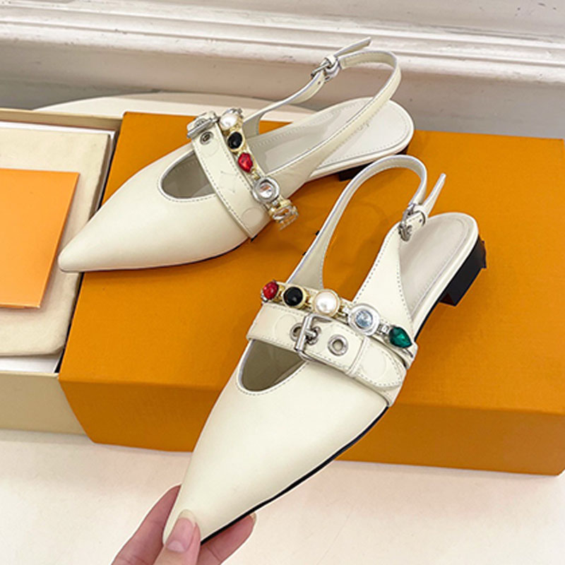 2026SS New Model Vibe Slingback Flat Ballerina exquisite Jewelry chain pointed tip exposed flat bottom womens casual shoes Lambskin Leather outsole