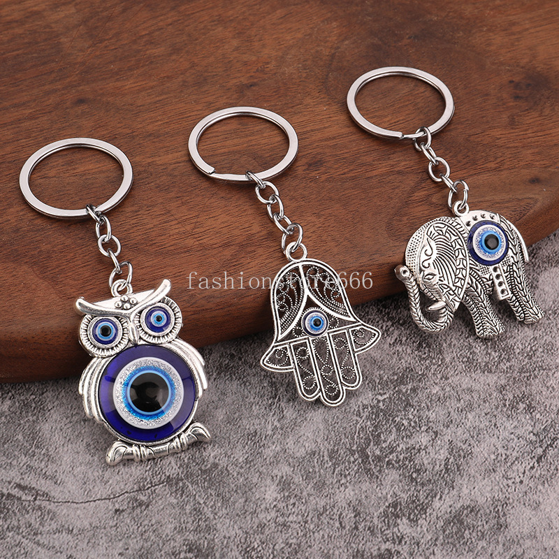 Retro Blue Eye Owl Keychain Evil Eye Lucky Charm Car Key Accessories Women Bag Pendent Key Chain Ring Holder Gift for Friends