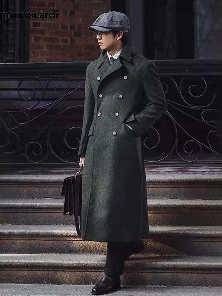 Mauroicardi Autumn Winter Long Warm Green Polo Coat Men Double Breasted Cool Elegant England Style Wool Blends Overcoat 260104
