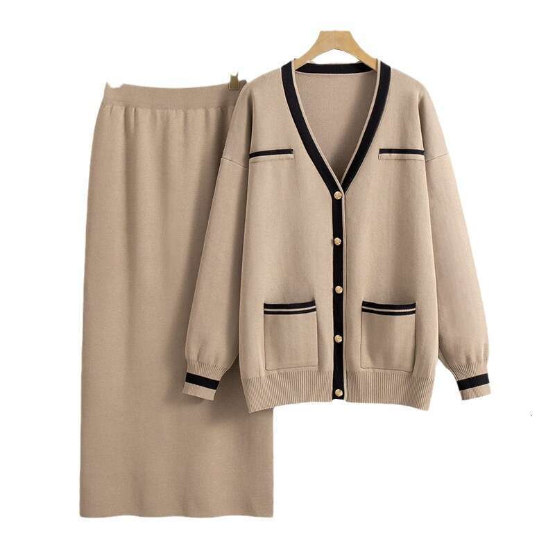 Fashion Loose Knit Sweater and Skirt Set Casual Two-Piece Knit Cardigan Set Midi Skirt Outfit for Autumn Winter Free Shipping