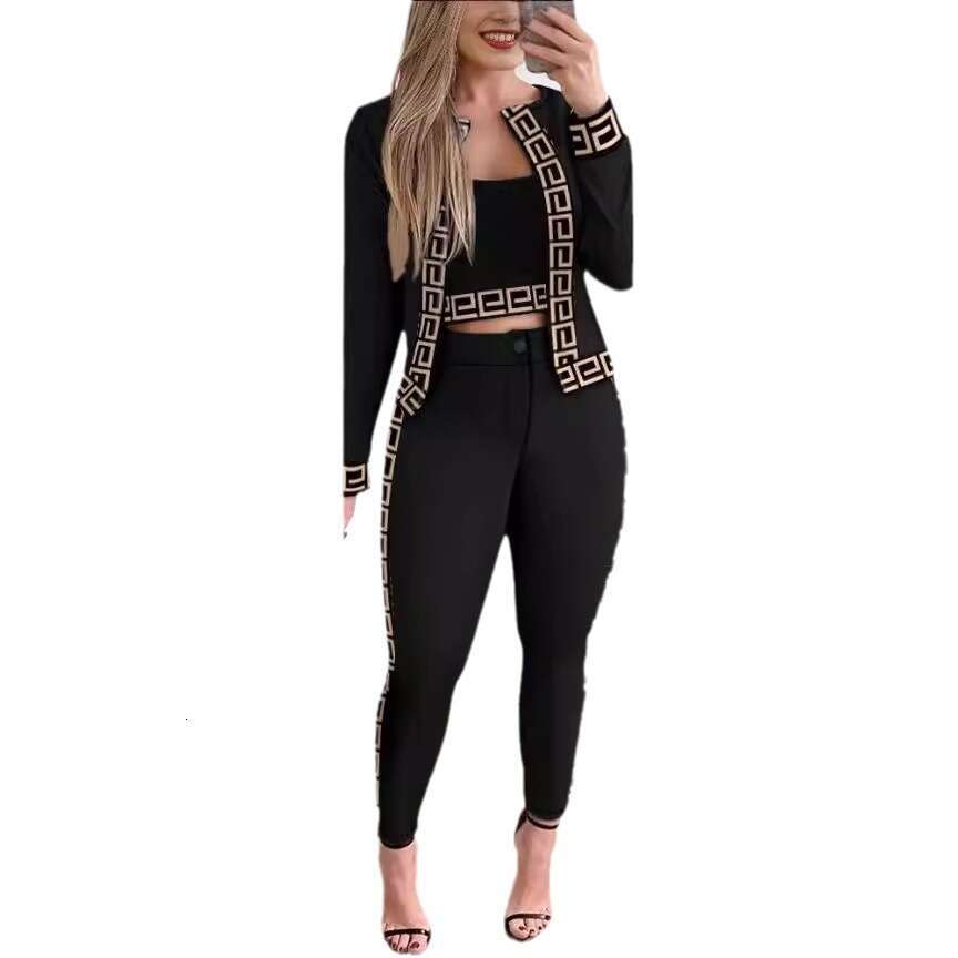 Creative Spring Autumn European and American Style Street Fashion Women's Vest Cardigan Tight Pants Three-Piece Set Hot Sale