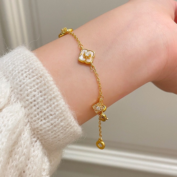 18K Real Gold Plated Zircon Mother-of-Pearl Flower Adjustable Bracelet Light Luxury High-End Feel Personalized Versatile Jewelry