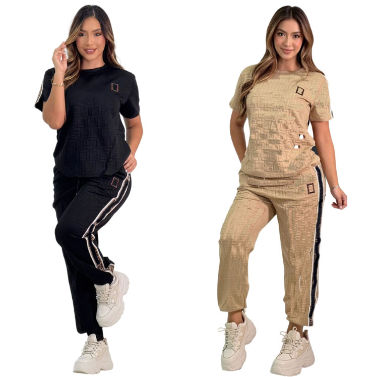 Designer Women jacquard Tracksuits Two Pieces Pants Set High Quality womens pullover Tracksuit round neck short sleeve casual Set Sporty Pants