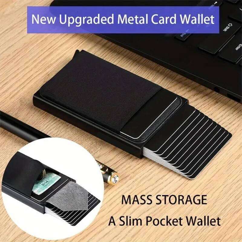 Men's Anti-theft ultra-thin aluminum elastic Pop-up minimalist with pouch ID Credit card holder Mini RFID wallet