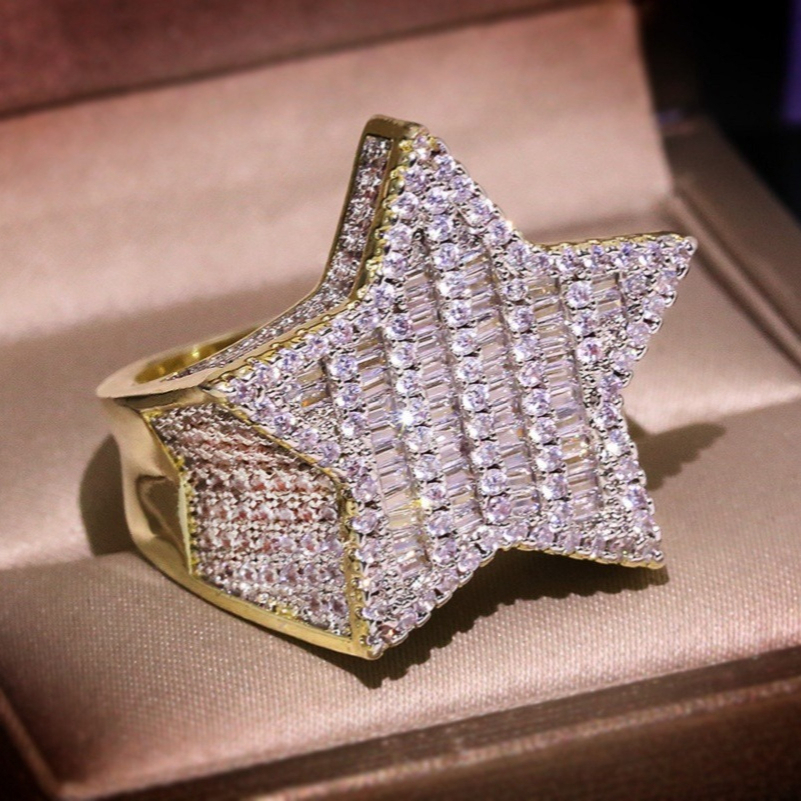 Mens Iced Out Gold Rings Five-pointed Star Full Diamond Stones Rings Hip Hop Ring Jewelry