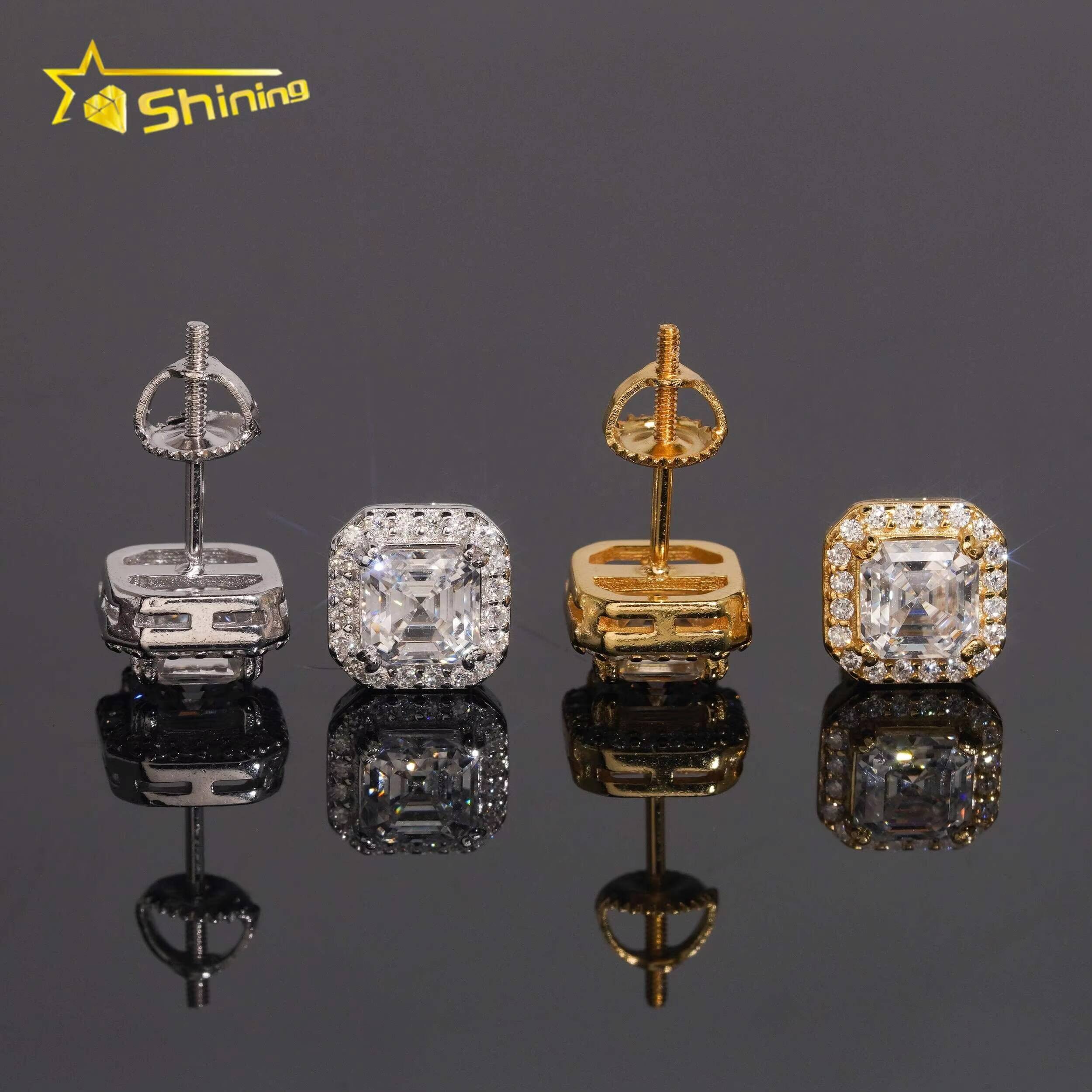 Luxury Hip Hop Jewelry Top Quality D VVS Diamond 925 Silver Men Asscher Cut Halo Moissanite Earrings