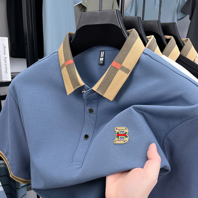 Men's Polos Men's Tees Polos Shirt Men's High-End Casual Fashion B Label Color-Blocking Turn-Down Collar Cotton Half Sle Home Casual Me