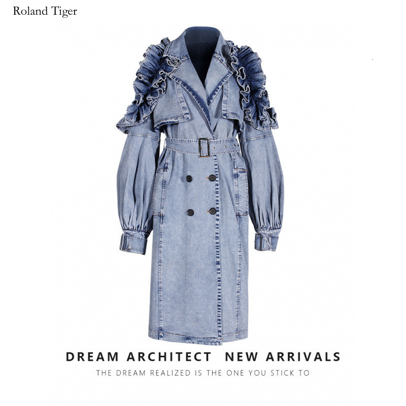 Roland Tiger European and American Style Unique Denim Trench Coat 2025 Autumn Winter New Women's Fashion Waist-Cinching Denim Ruffle Trench Coat Jacket Fashiona