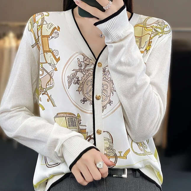 Spring and Summer Real Silk Wool Splicing Knitt Cardigan Women's Wide V-Neck Coat Top Fashion Jacket Satin Printed Thin Sweater - view 4