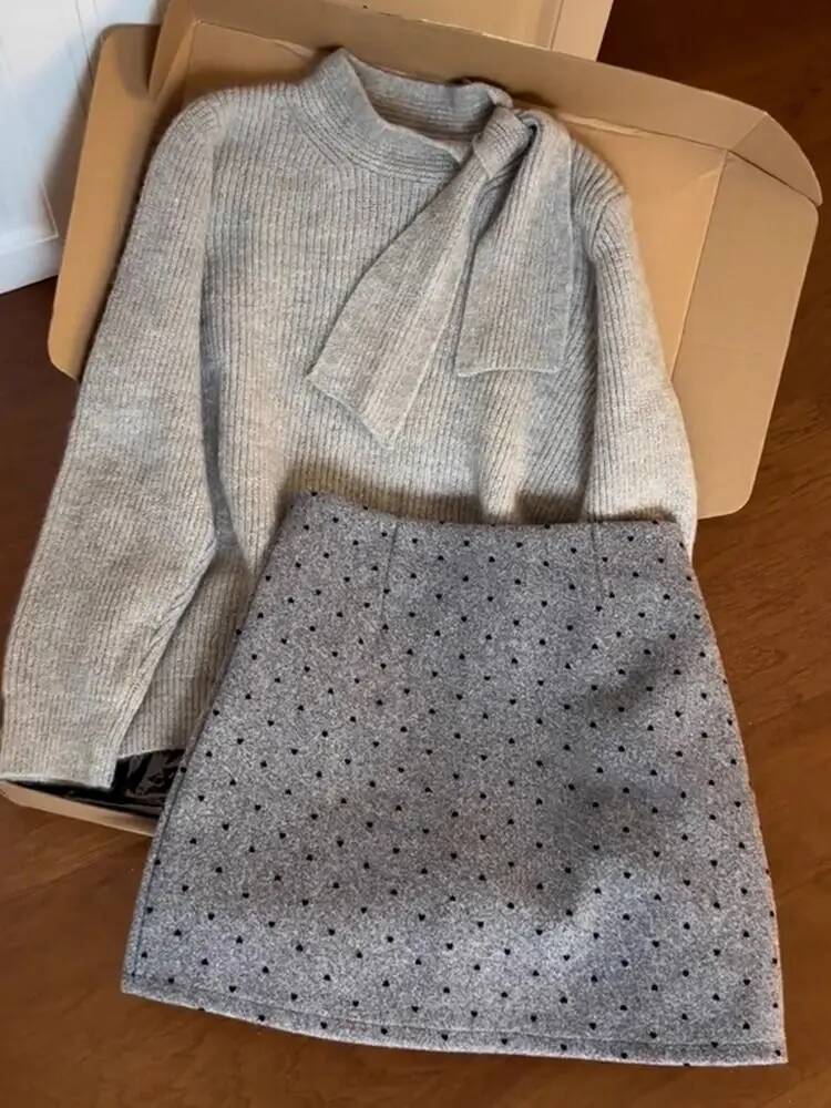 Bestseller Vintage Women Knitted Sweater Long Sleeved Grey Polka Dot Skirt Set Autumn Winter Slim Fit Pullover New Design 2025 Retro Suit ddmytues