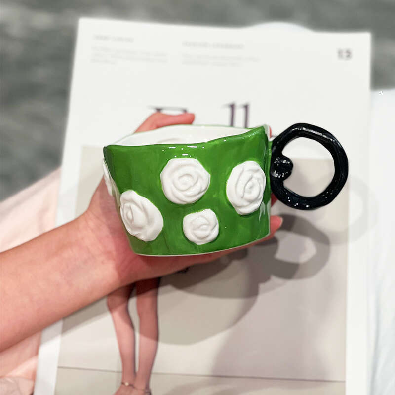 Couple's Mugs Gifts Souvenirs Rose Patterned Ceramic Cups For Women Exquisite Girly Style 3D Hand Painted Relief Design