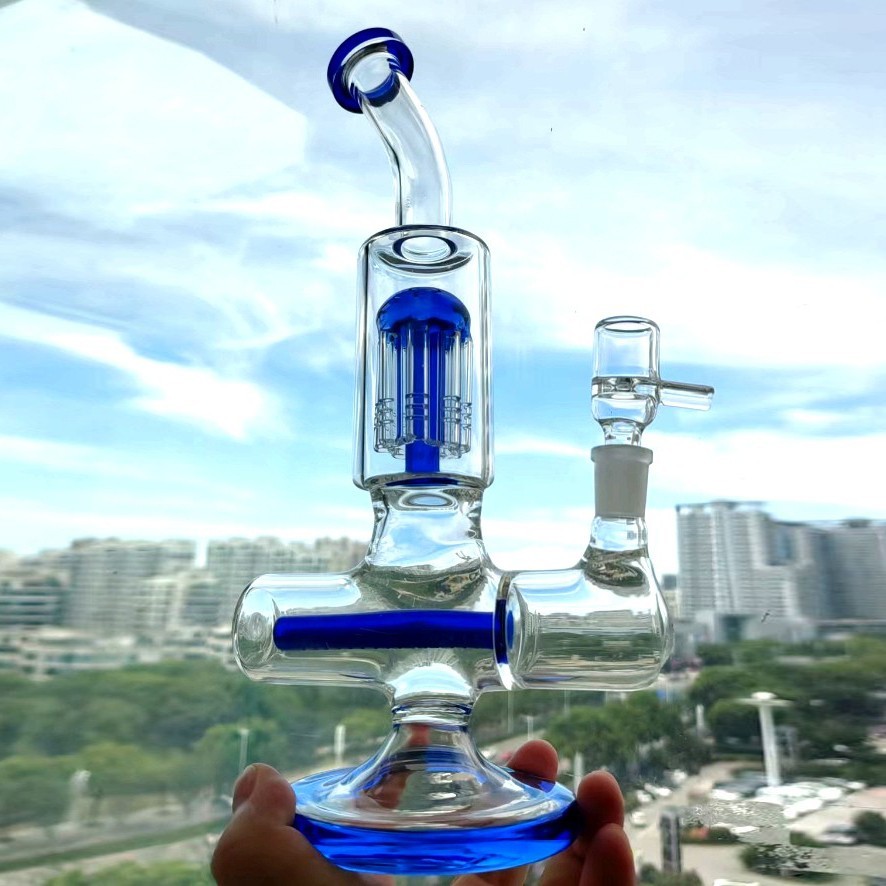 Thick Glass bong Blue hookahs Smoking Pipe Bubbler Freezable Coil Perc recycler glass water pipes oil with 14mm banger