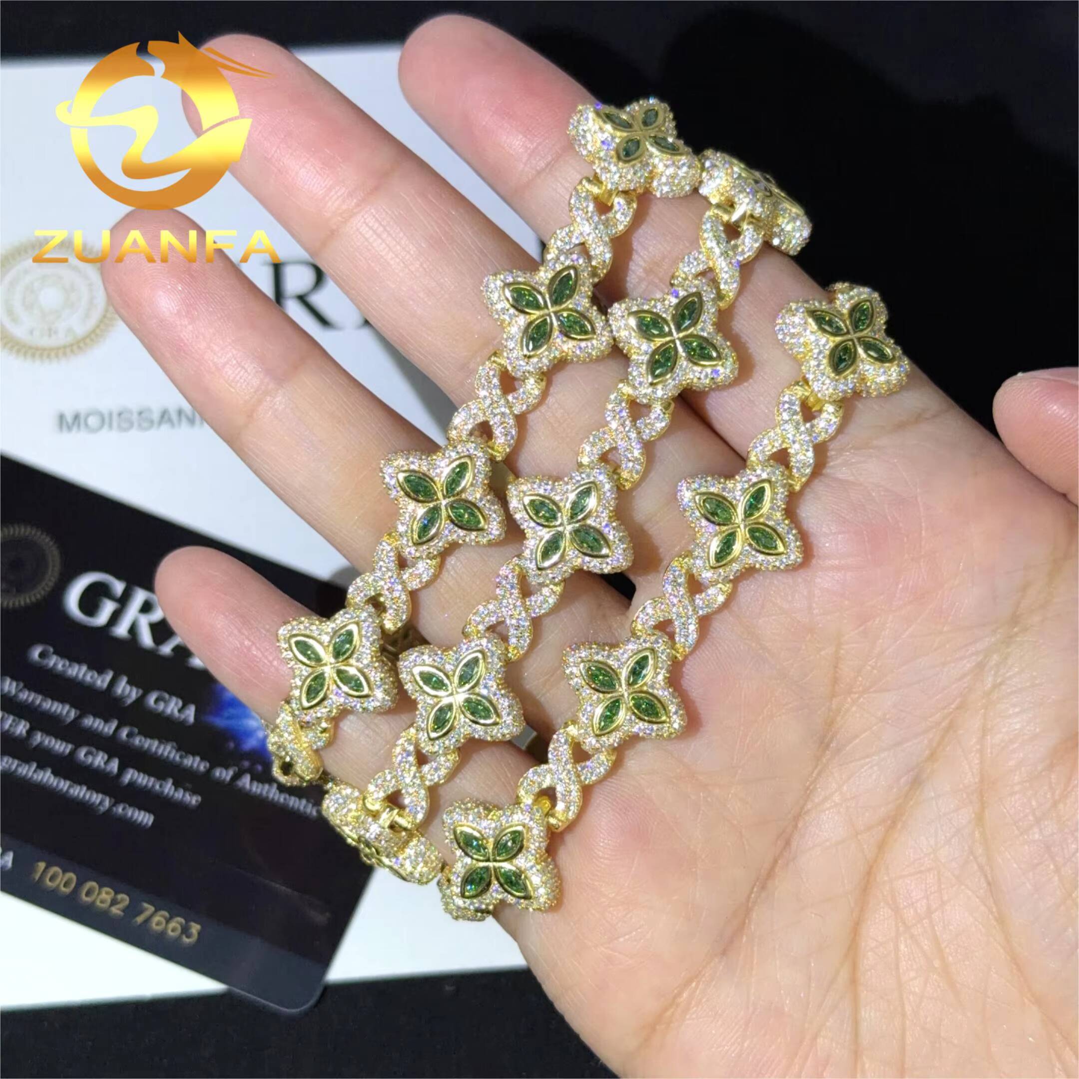 Emerald Green Moissanite 15mm Marquise Flower Hip Hop Jewelry Iced Out Bracelet 925 Silver Moissanite Diamond Bracelet