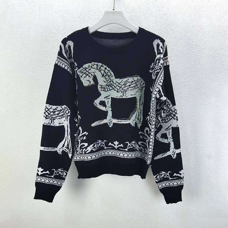 Fashion 2026 Autumn Winter Knit Pullover Sweater H Horse Rhinestone Pattern Women Top Coat Luxury Brand Designer Fashion Vintage Clothing Sweat-Shirt Femme Luxe