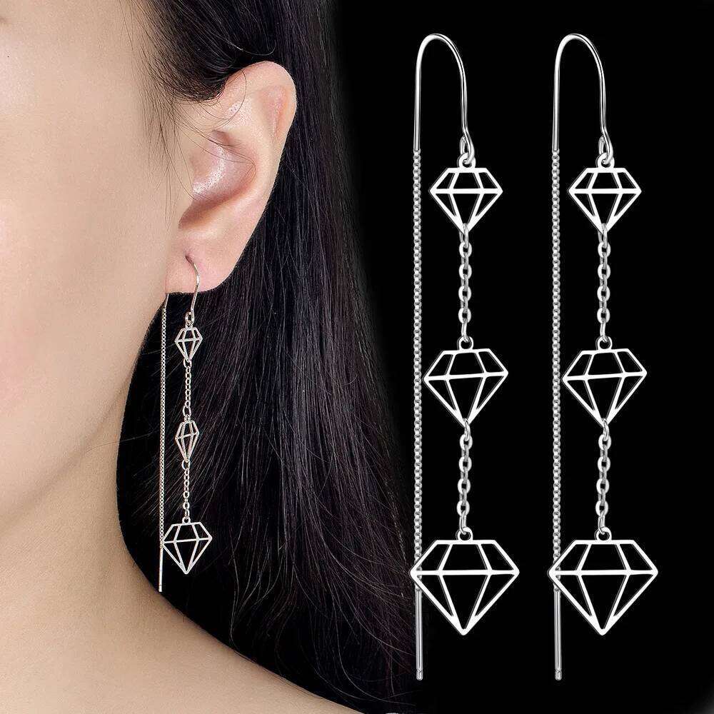 925 Sterling Silver Long Geometric Diamond Pattern Earrings Ladies Fashion Simple Birthday Party Wedding Jewelry Gift