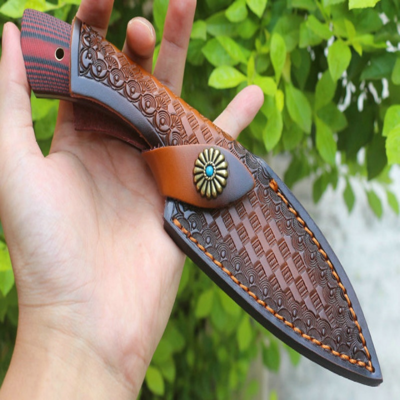 Free Shipping Outdoor Small Straight Knife Double Color G10 Camping Survival High Hardness D2 Steel Stainless Steel Creative Gift Knife with Leather C