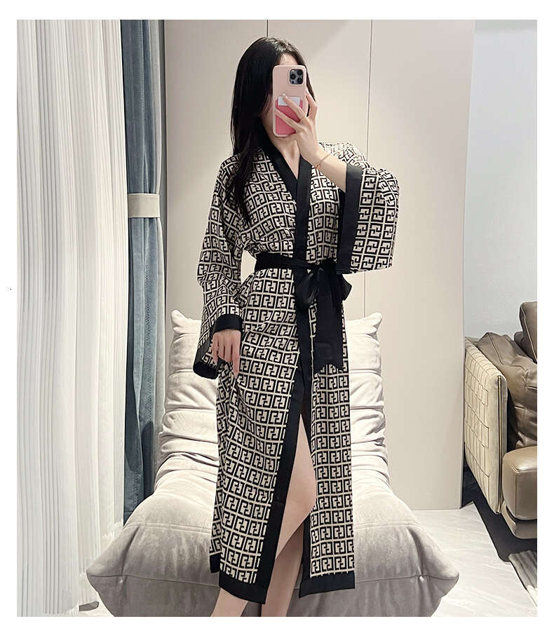 for Women Spring Summer New Ice Silk Sleeve Loose Tie Long Nightdress High-end Printed Homewear Can Be Worn Outside