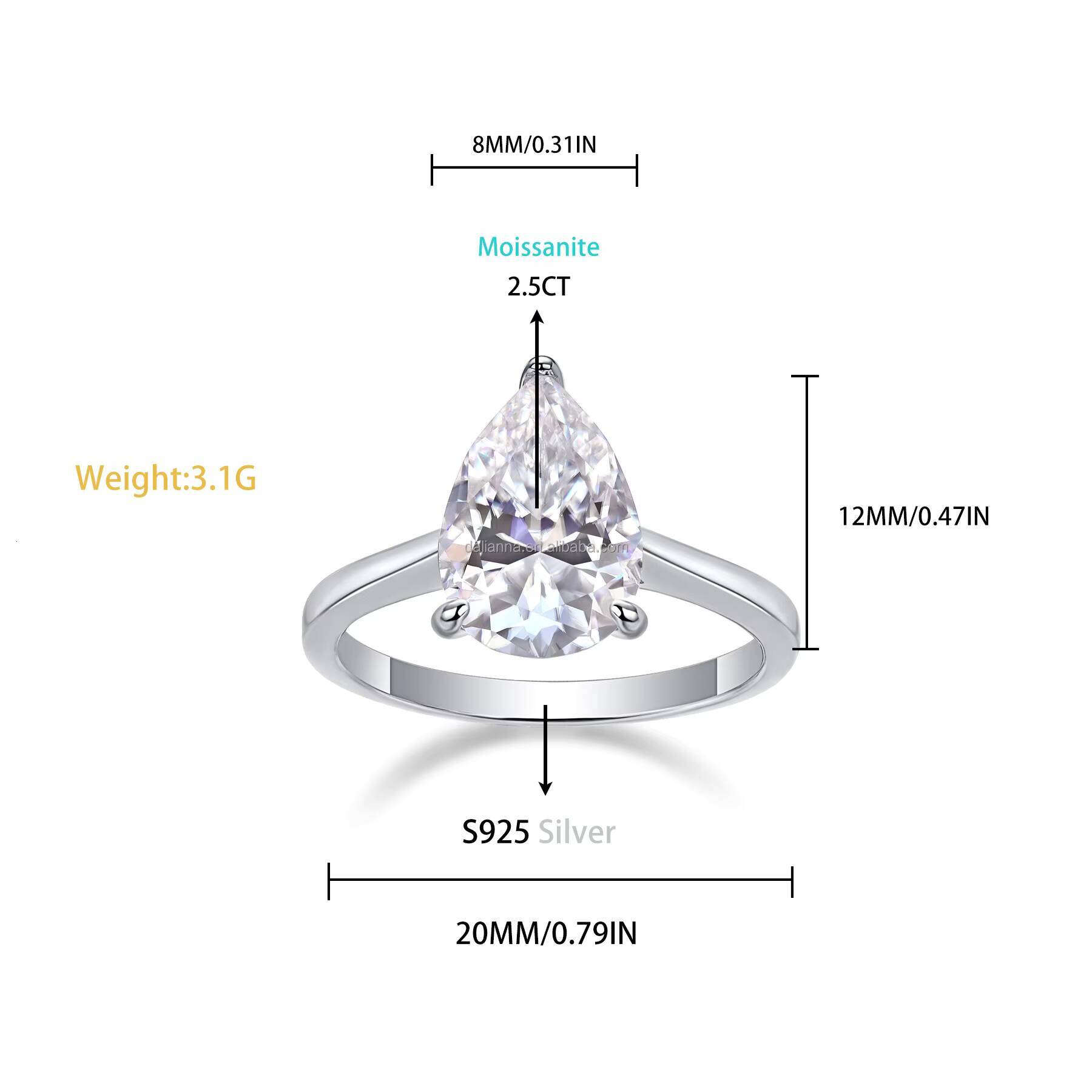 Fashion Jewelry D Colour VVS1 Pear Cut Moissanite 4CT Ring Silver 925 Women Engagement Moissanite Solitaire Ring