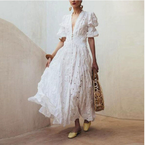 Women Dress Elegant White Lace es Deep V Neck Puff Sleeve Vintage High Waisted Hollow Out Maxi es 210524