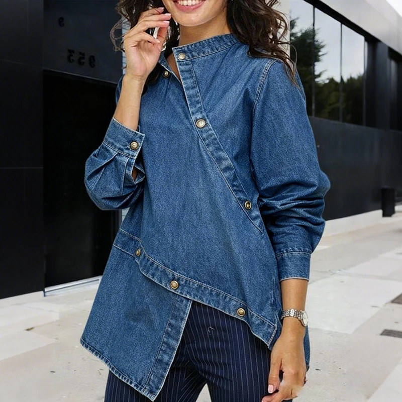 Krisstargirls Asymmetric Denim Shirt 2026 Stand Collar Button Irregular Loose Fashion Party Ladies Top for Spring Autumn 251231