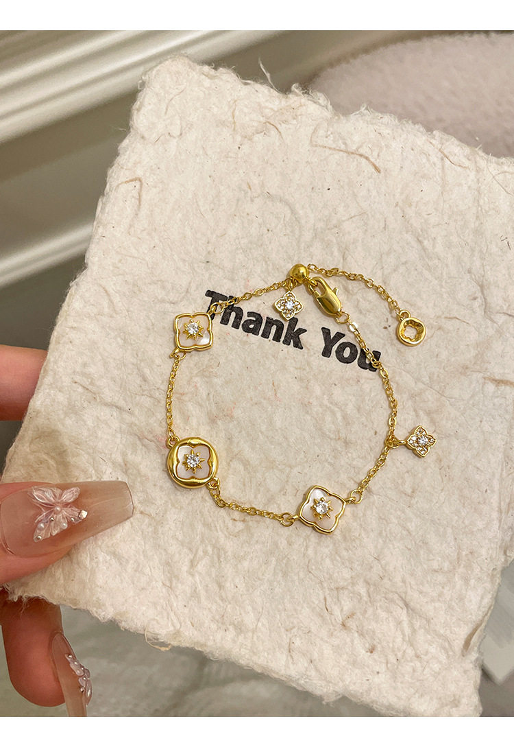 18K Real Gold Plated Zircon Mother-of-Pearl Flower Adjustable Bracelet Light Luxury High-End Feel Personalized Versatile Jewelry