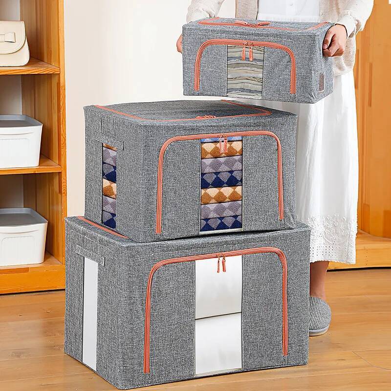 24/66l/100l Cotton And Linen Folding Fabric Storage Boxes Large Moving Crushed Steel Frame Clothes Quilt Toy Organizer ddmynov
