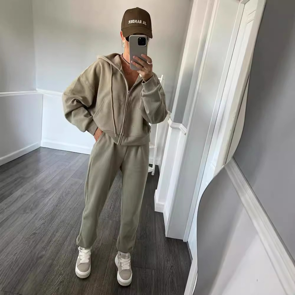 Cross-Border Casual European and American Women's Solid Color Long Sleeve Zipper Hoodie Elastic Drawstring Pants Two-Piece Set
