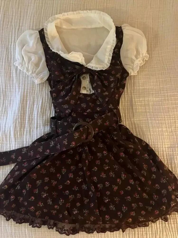 Bestseller Sweet Vintage Elegant Woman One Y2k Puff Sleeve High Waist Fake 2 Piece Mini Dress Doll Collar Chic Spring 2025 New ddmytues
