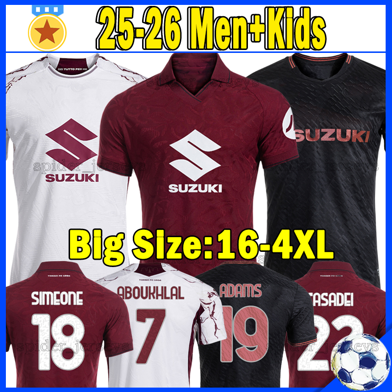 XXXL 4XL 25 26 Torino SIMEONE Soccer Jerseys CASADEI VLASIC ABOUKHLAL DUVAN Football Shirts 2025 2026 ADAMS NGONGE NJIE TAMEZE ANJORIN ASLLANI Men Uniforms kids kits