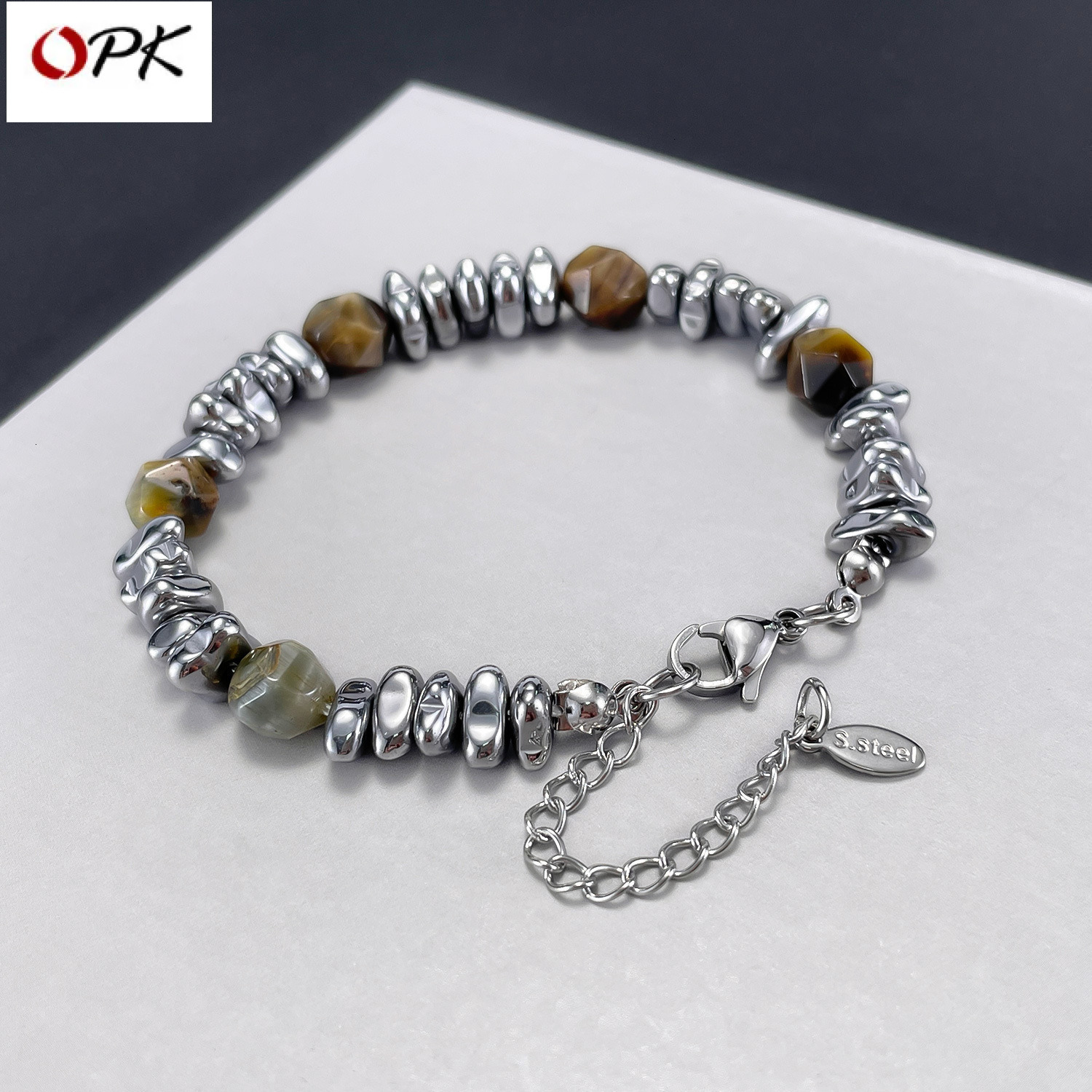 OPK New European and American Fashion Stainless Steel Bracelet Trendy Multi functional Natural Yellow Tiger Eye Stone Jewelry Suitable for Men and Women