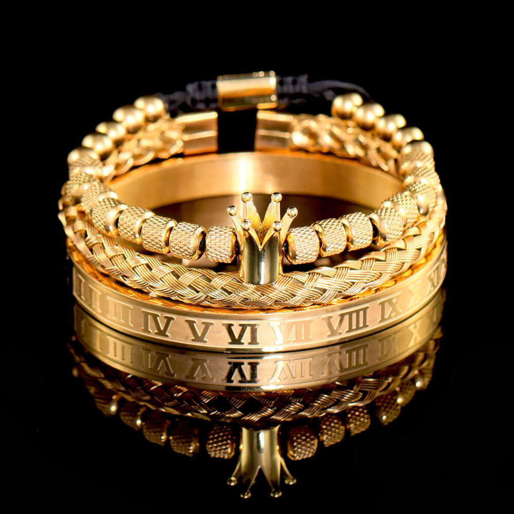 Hot-Selling European American Stainless Steel Braided Bracelet Set for Men and Women Roman Leopard Head Crown Punk Style Versatile Jewelry