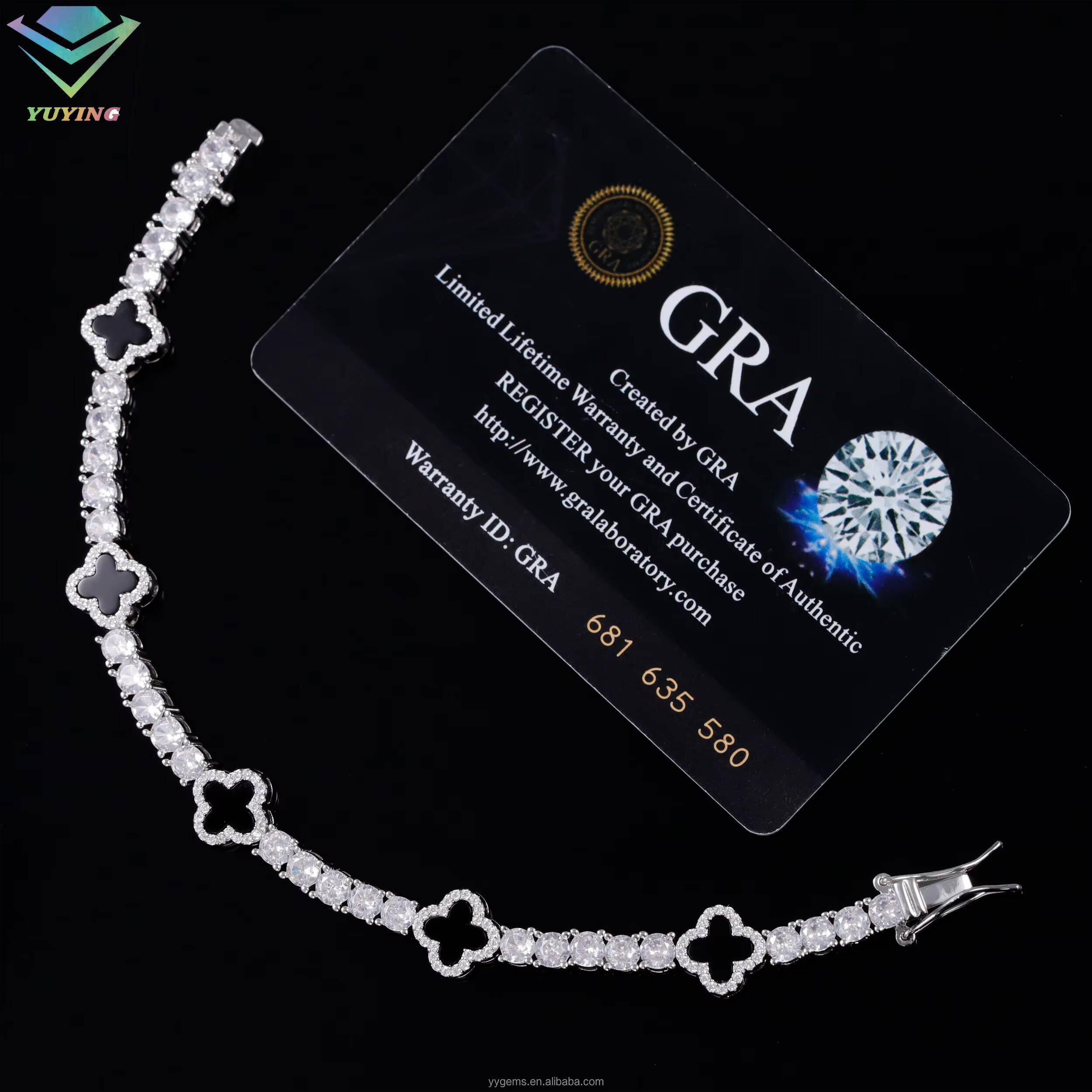 Fashion 925 Sterling Silver 3-4-5mm VVS Mossanite Tennis Bracelet Natural Black Agate Onyx Clover Tennis Chain Jewelry Bracelet