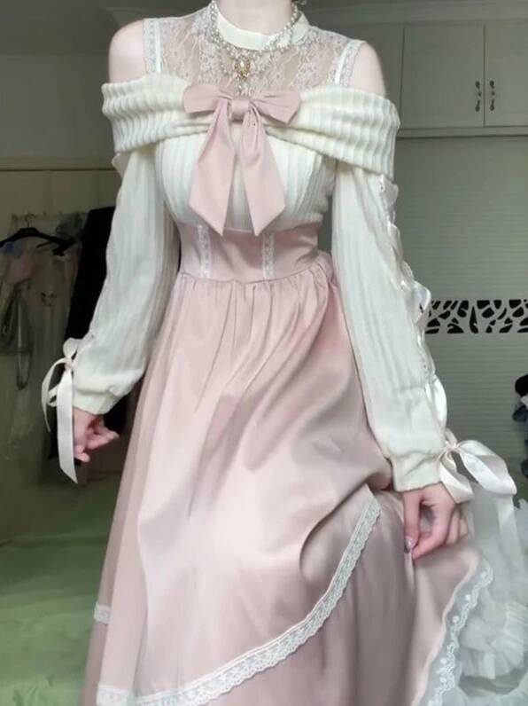 Bestseller Off-Shoulder White Lolita Lace Trim Bow Style Sweet Party 2025 Autumn Daily Wear Outfit Women Cute Midi Dress New ddmytues