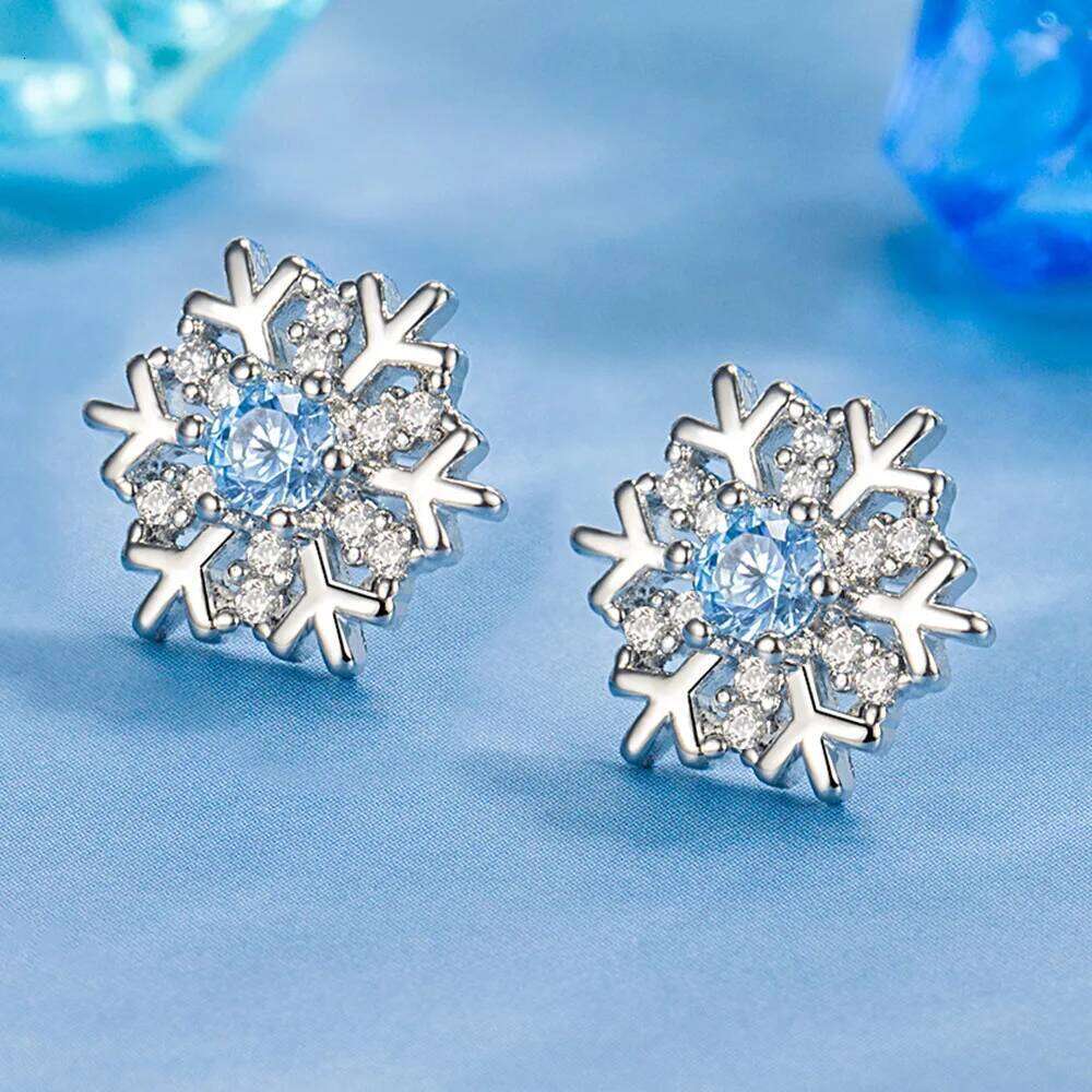 925 Sterling Silver Blue Zircon Snowflake Earrings For Women's Charm Jewelry Christmas Gift
