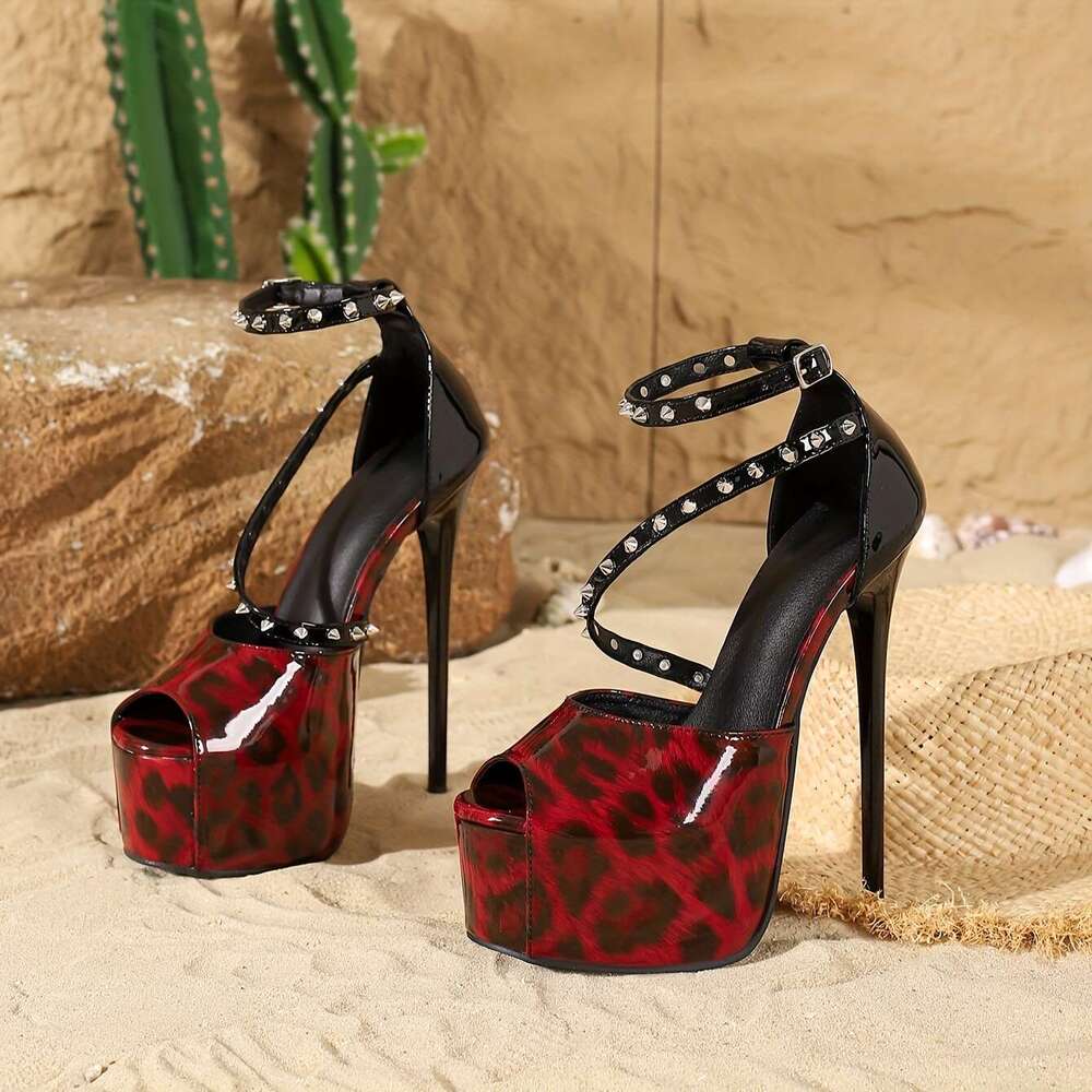 Pair Women Apos S Leopard Print Studded Open High Heel Sandals Sexy Peep Toe Platform Pumps With Ankle Strap Faux Lining And Rubber Sole Non European 